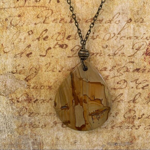 Hand crafted Large Tear Drop Jasper Necklace with Brass Chain 22” long - Picture 6 of 9